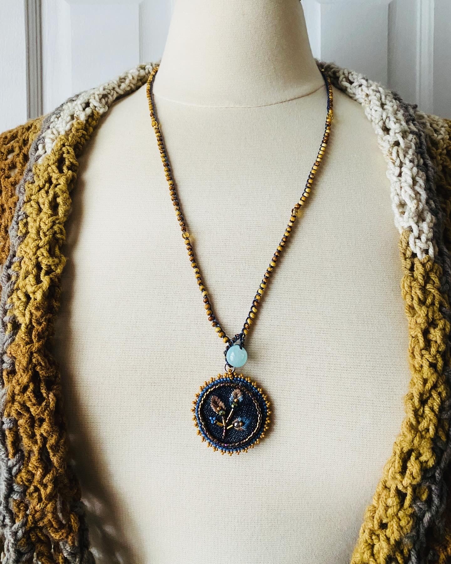 "Star flower" Denim embroidered, beaded textile necklace