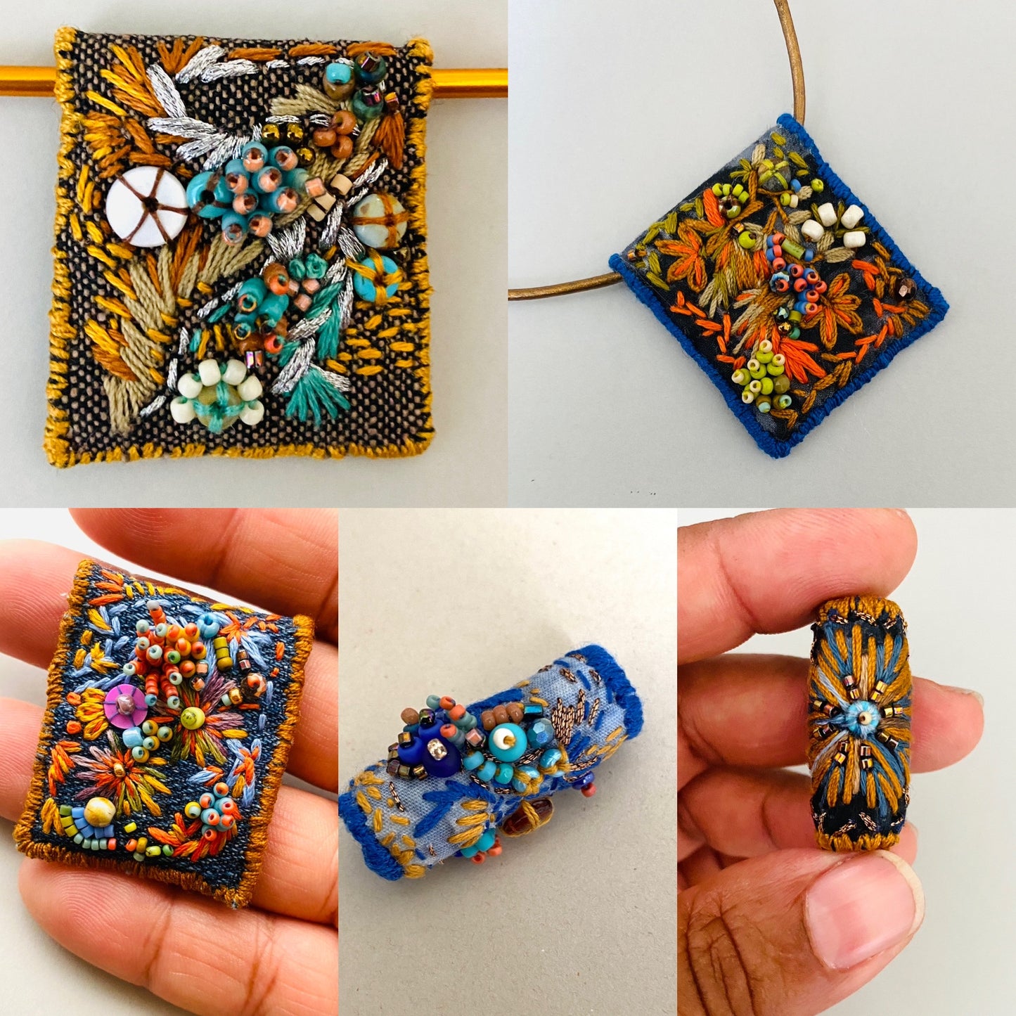 "Zinnias" Light blue and orange embroidered, beaded textile necklace.