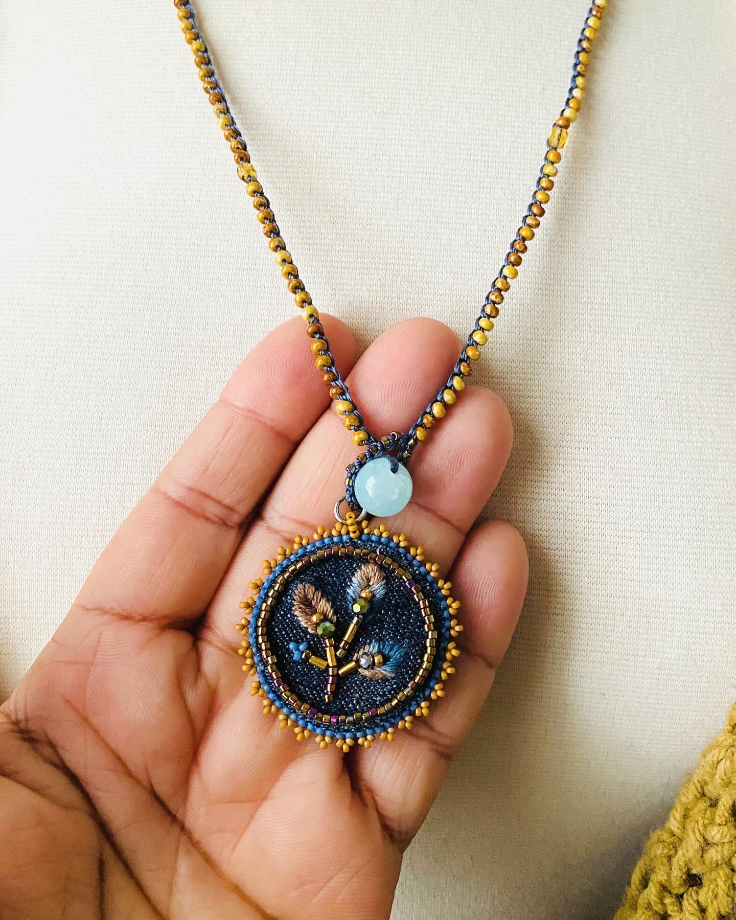"Star flower" Denim embroidered, beaded textile necklace