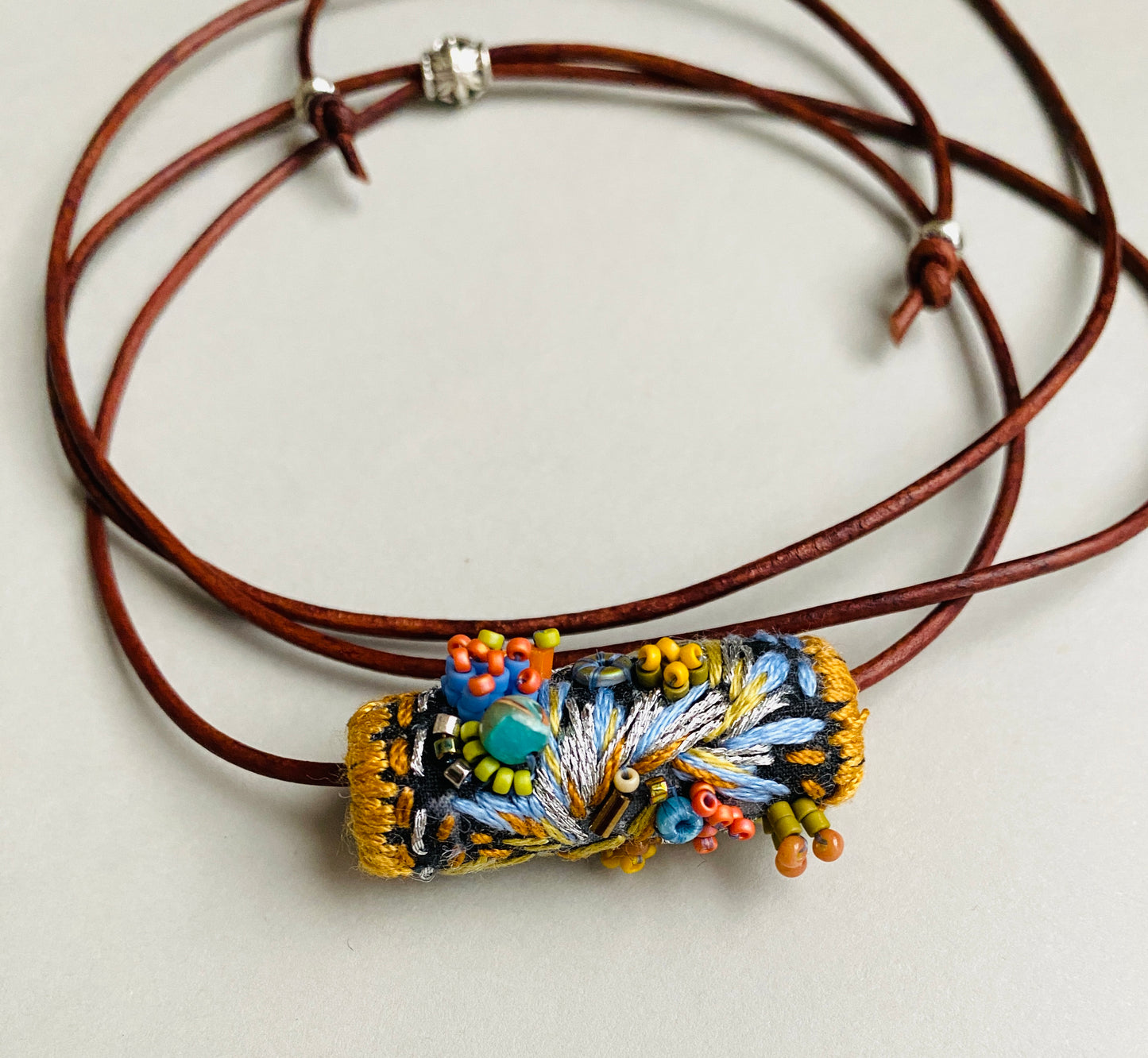 "Starlight" Navy, pale blue and silver embroidered and beaded textile necklace.