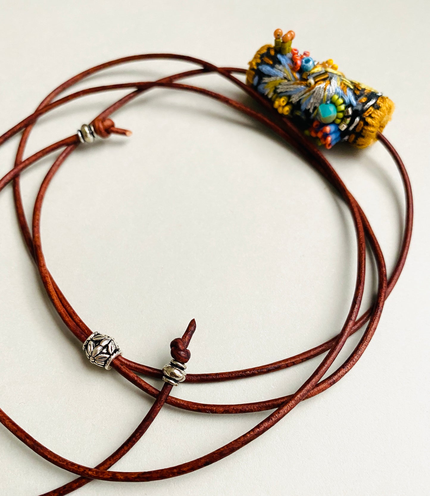 "Starlight" Navy, pale blue and silver embroidered and beaded textile necklace.