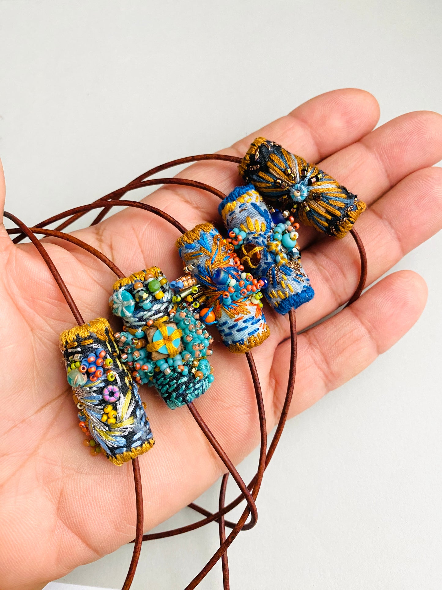 "Starlight" Navy, pale blue and silver embroidered and beaded textile necklace.