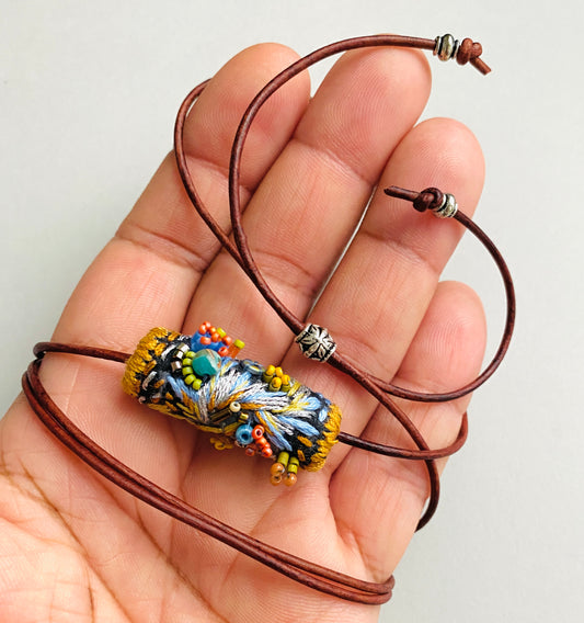 "Starlight" Navy, pale  blue and silver embroidered and beaded textile necklace.