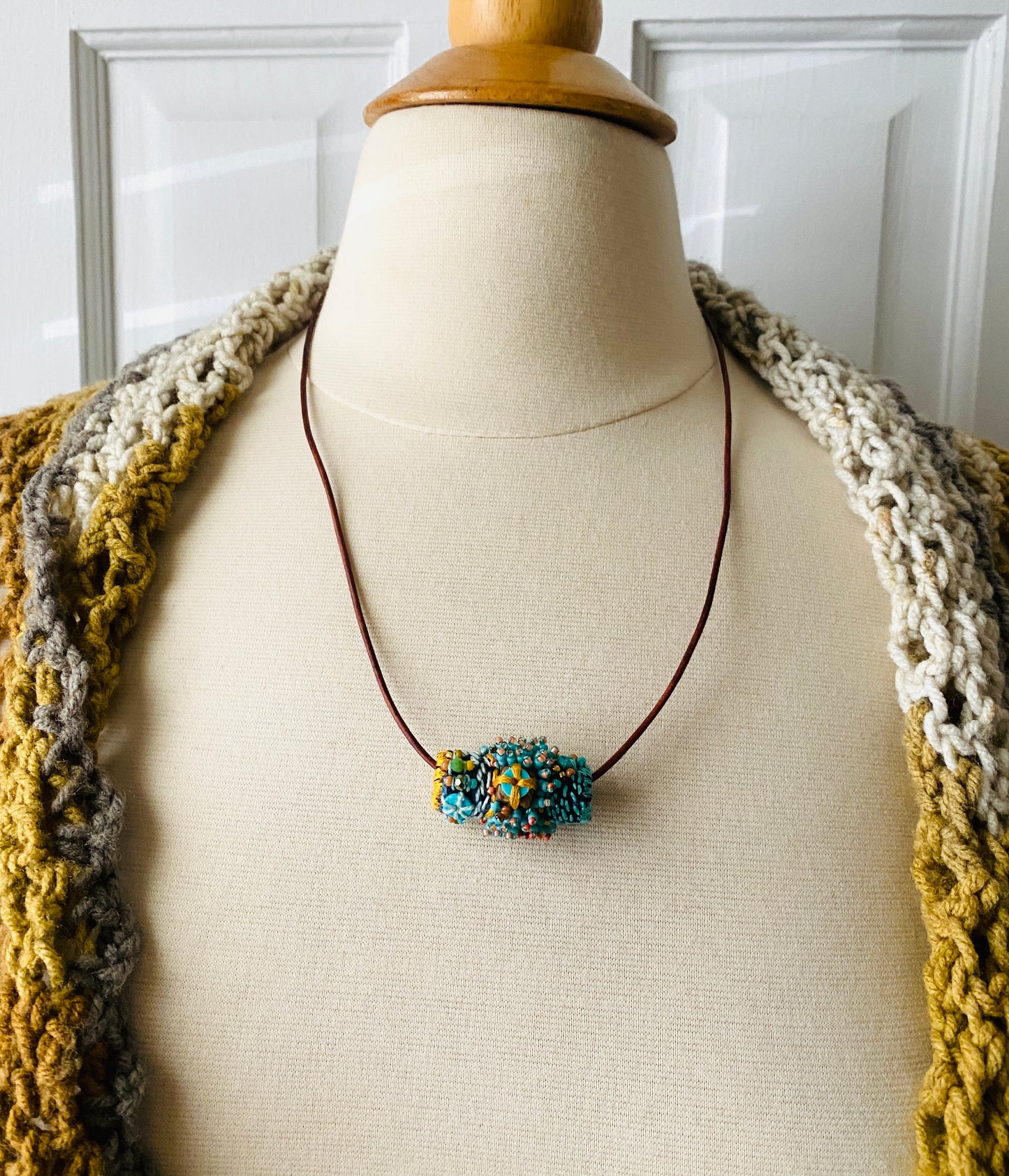 "Andromeda" turquoise embroidered and beaded textile necklace.