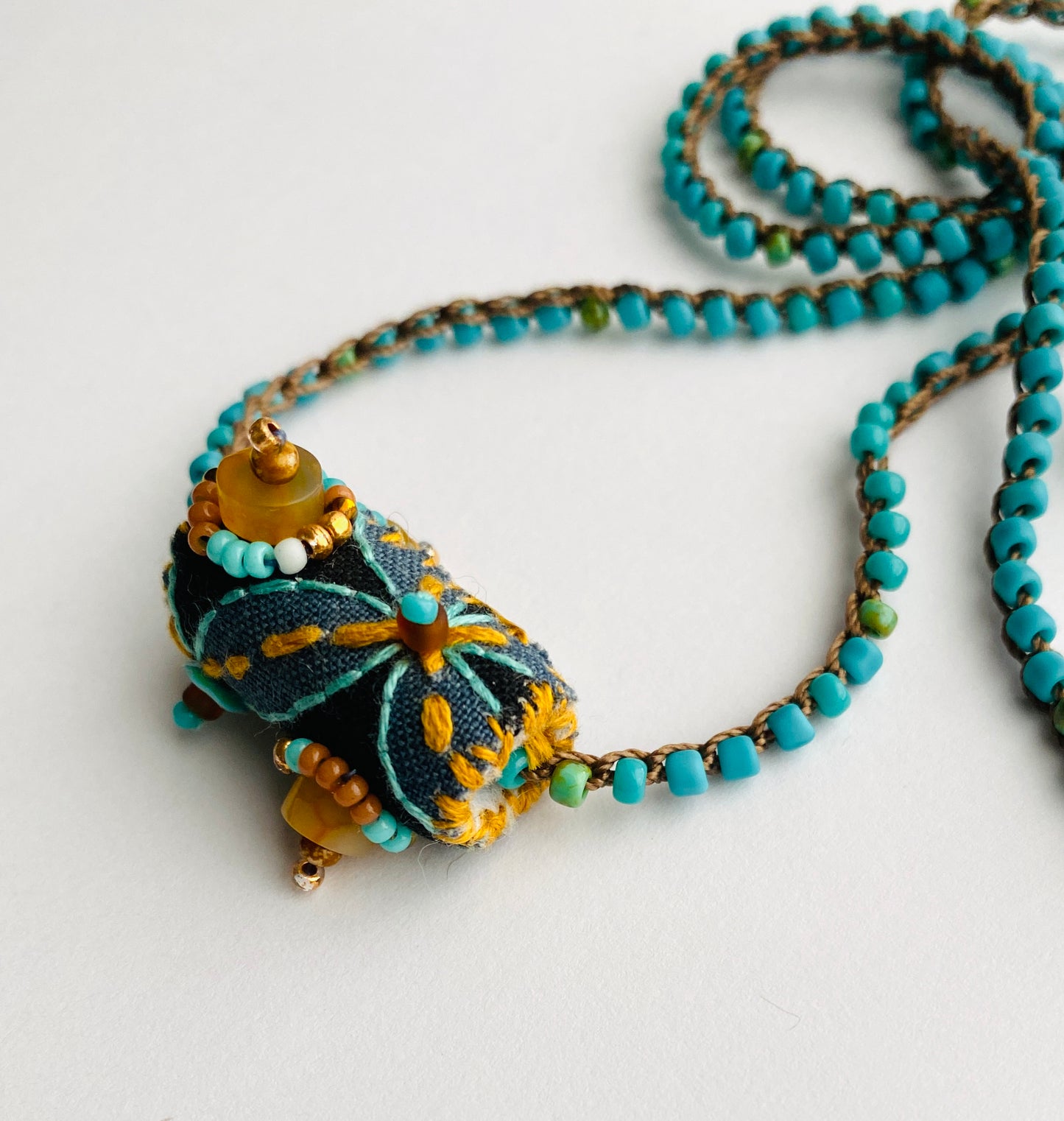"Journey" Aqua and gold embroidered bead textile necklace
