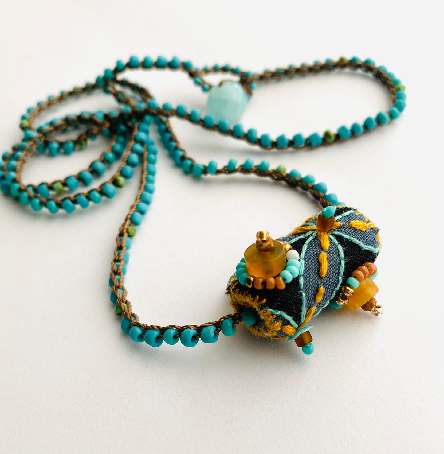"Journey" Aqua and gold embroidered bead textile necklace