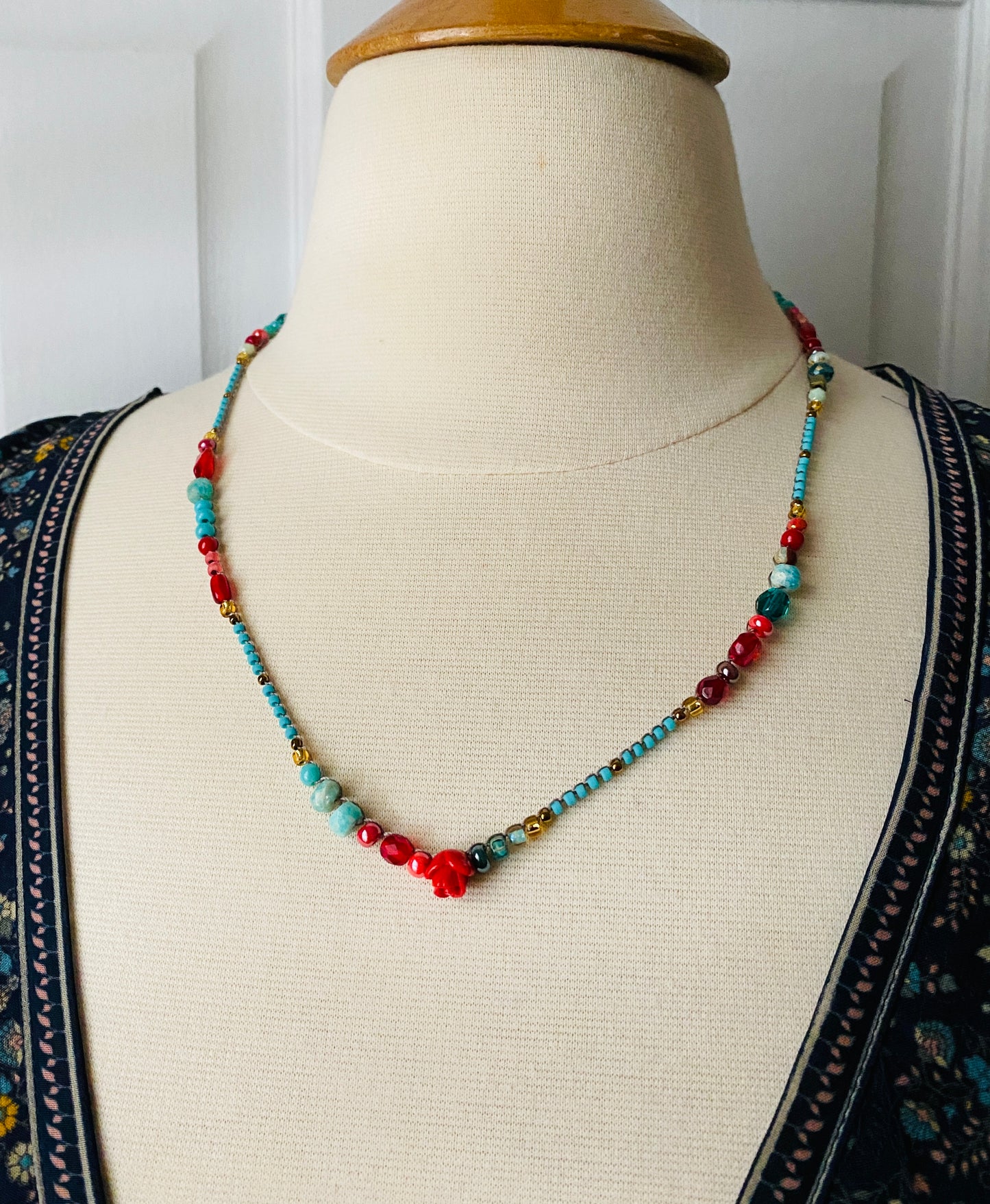 Red rose and aqua necklace