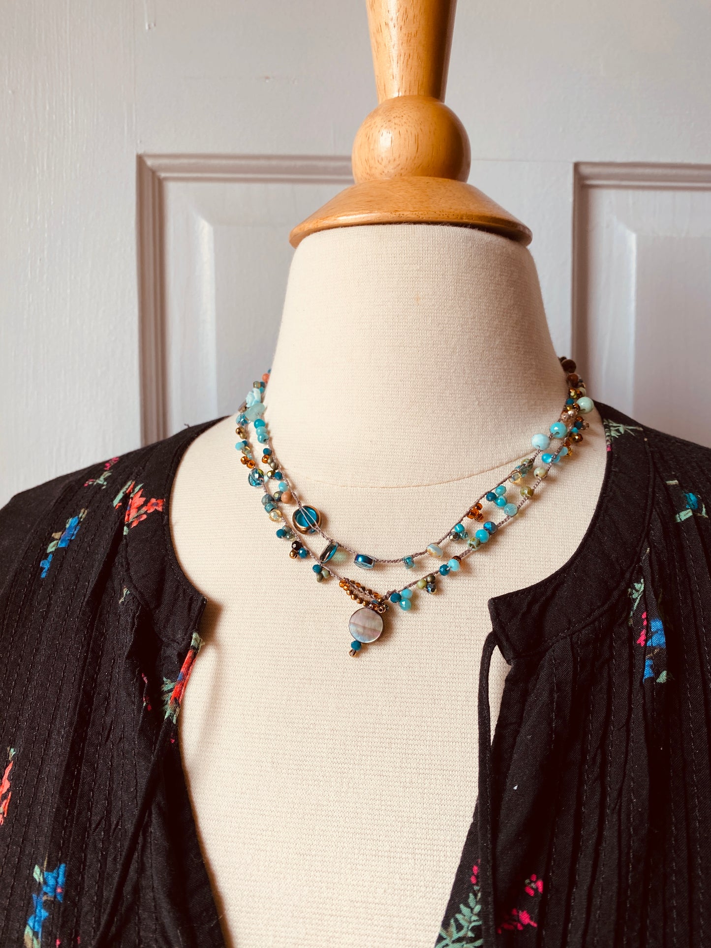 Aqua drops crochet necklace