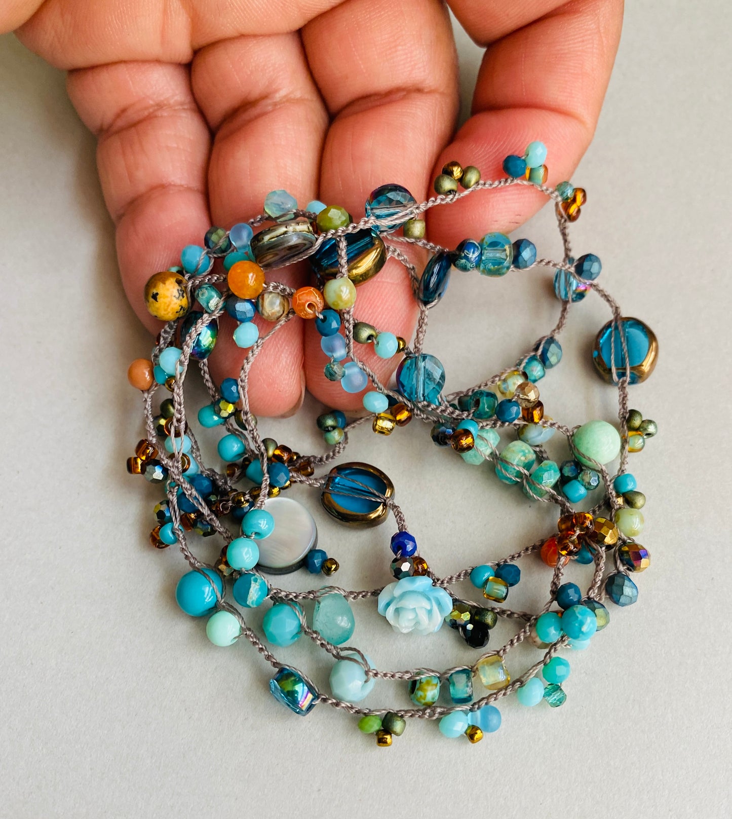 Aqua drops crochet necklace