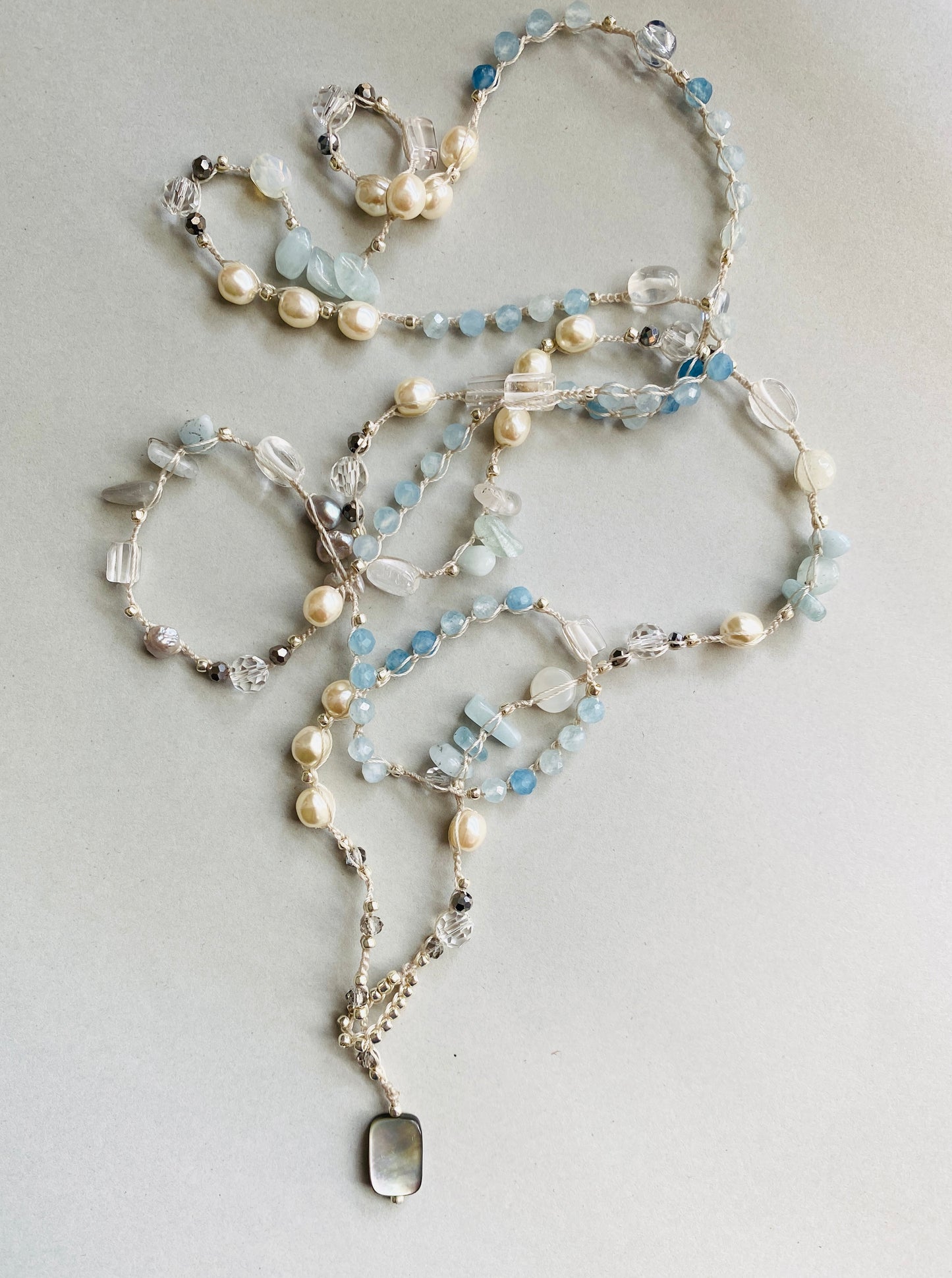 Aquamarine and pearl crochet necklace