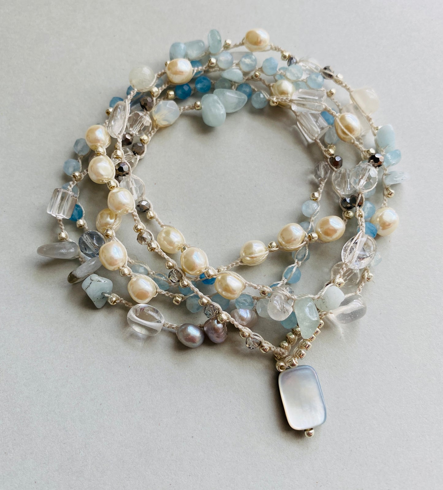 Aquamarine and pearl crochet necklace