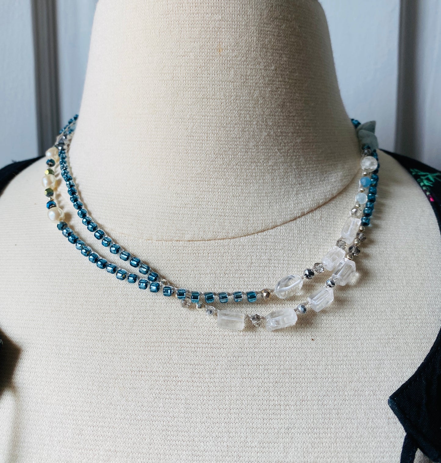 Clear blue drops crochet necklace