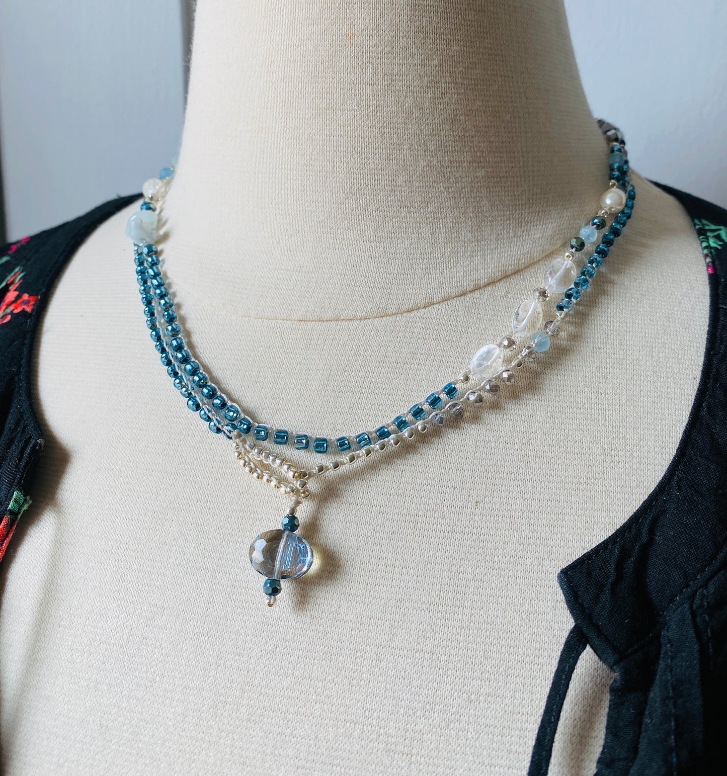 Clear blue drops crochet necklace