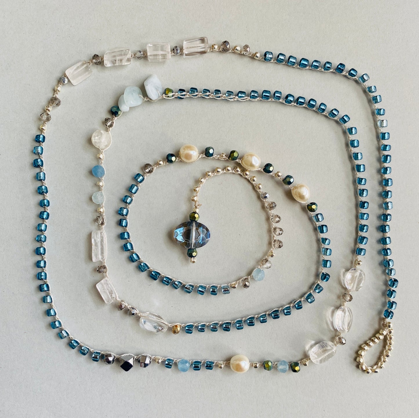 Clear blue drops crochet necklace