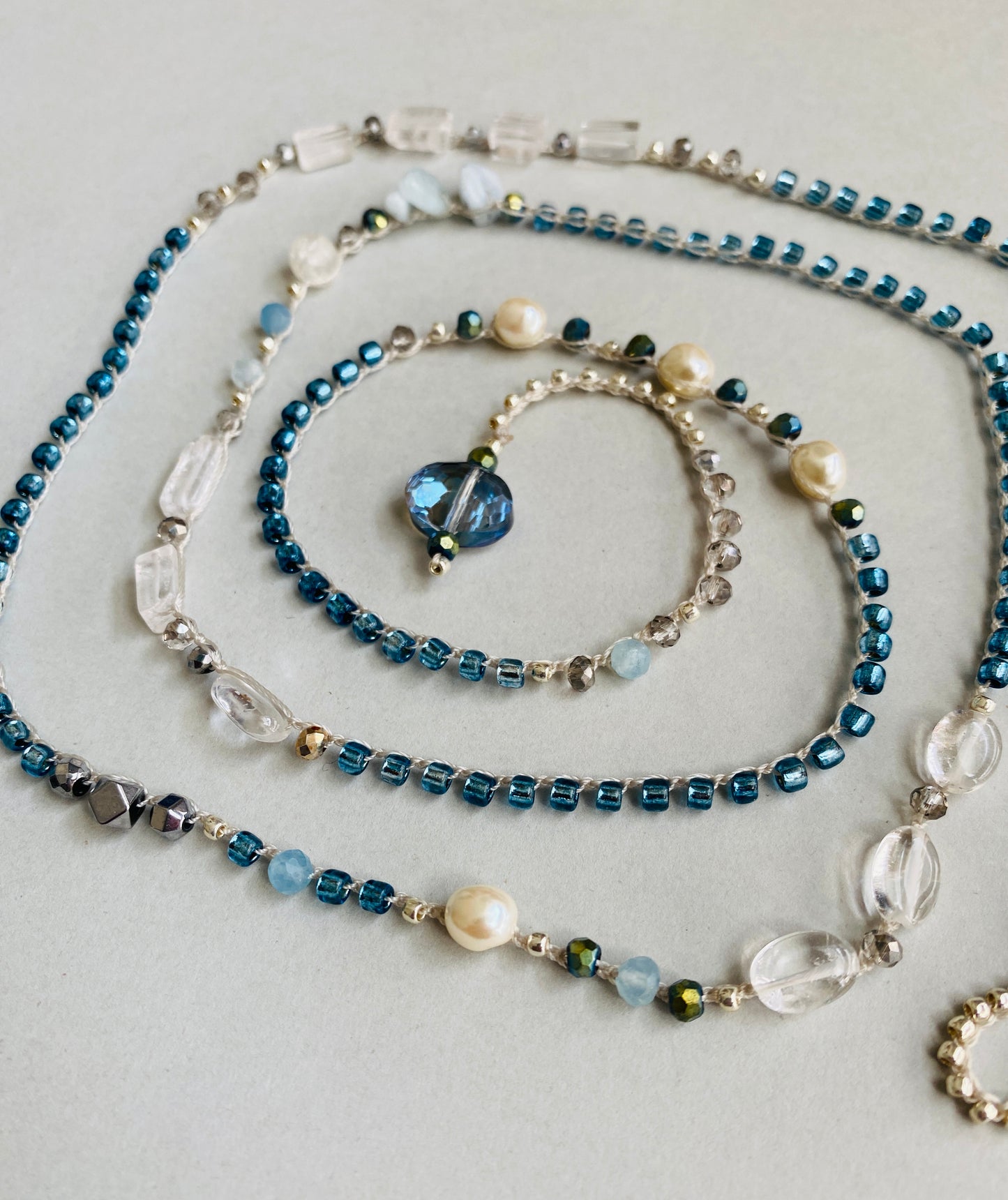 Clear blue drops crochet necklace