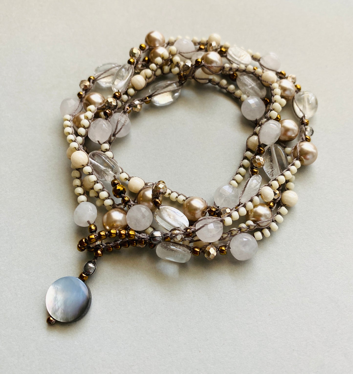 Rose quartz and crystal crochet necklace