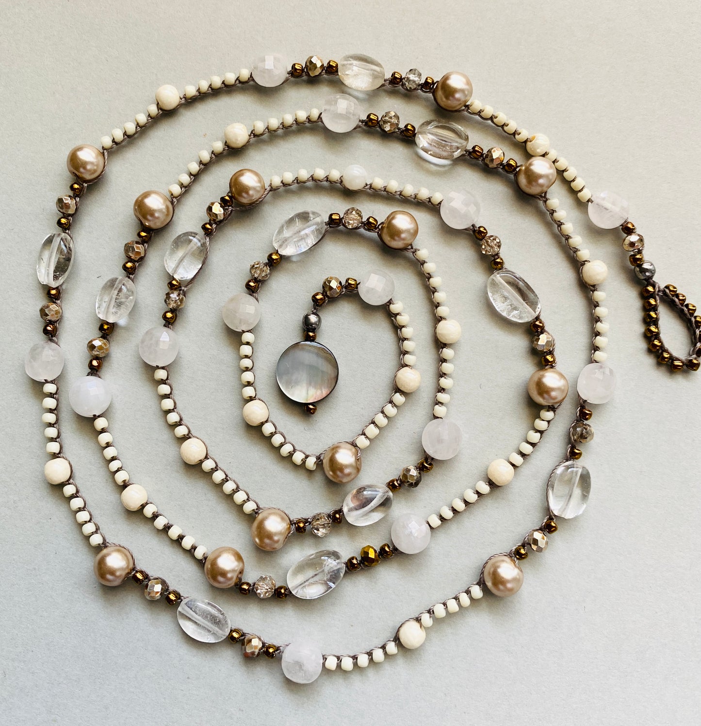 Rose quartz and crystal crochet necklace