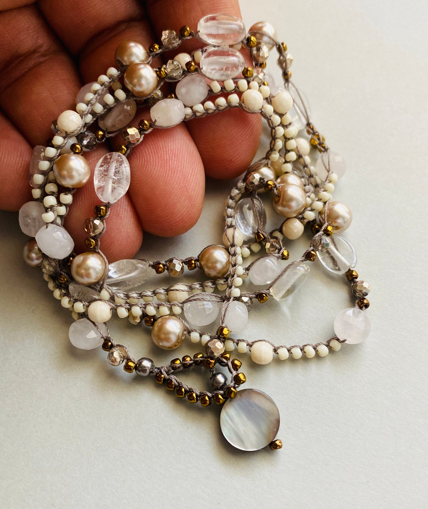 Rose quartz and crystal crochet necklace