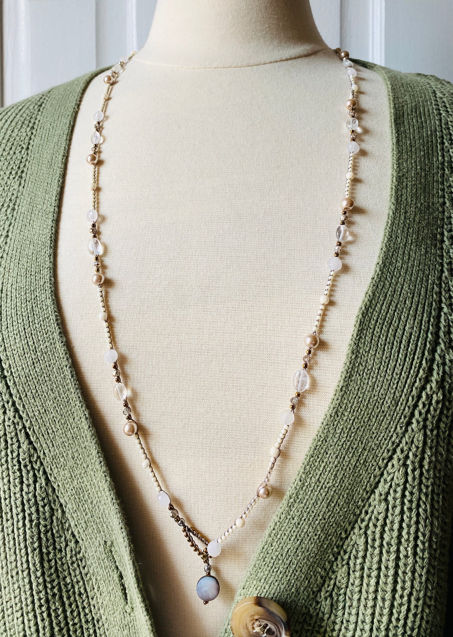 Rose quartz and crystal crochet necklace
