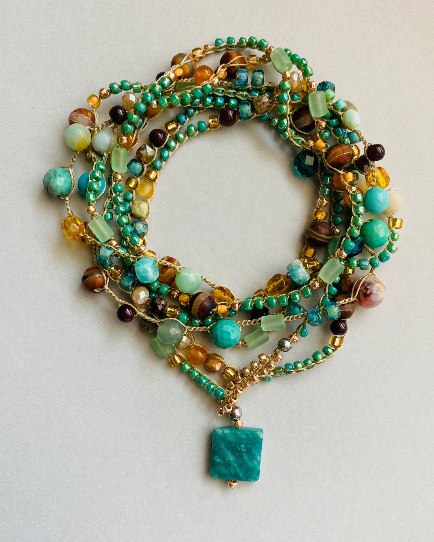 Teal and gold mix crochet necklace