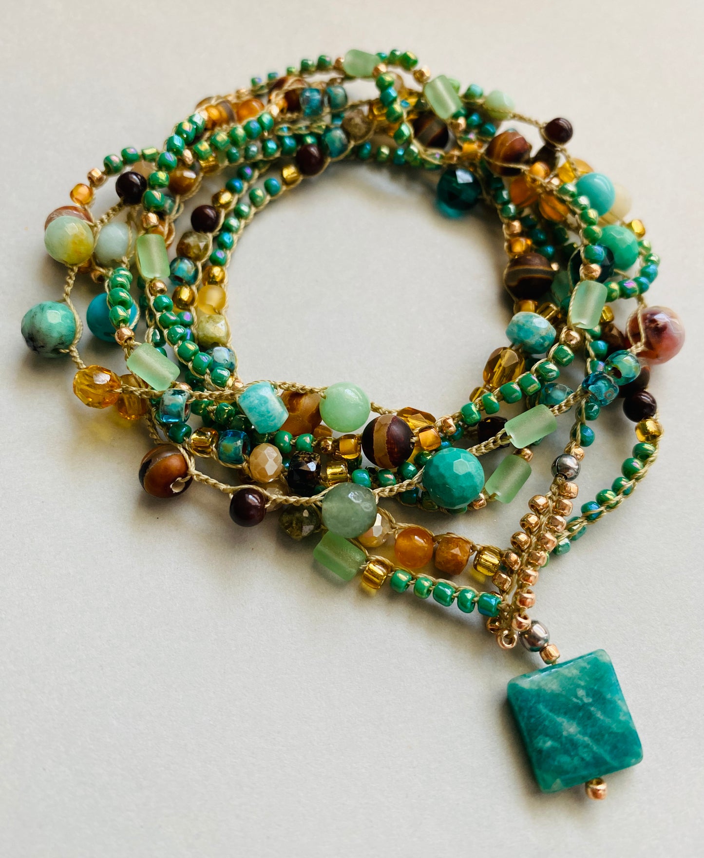 Teal and gold mix crochet necklace
