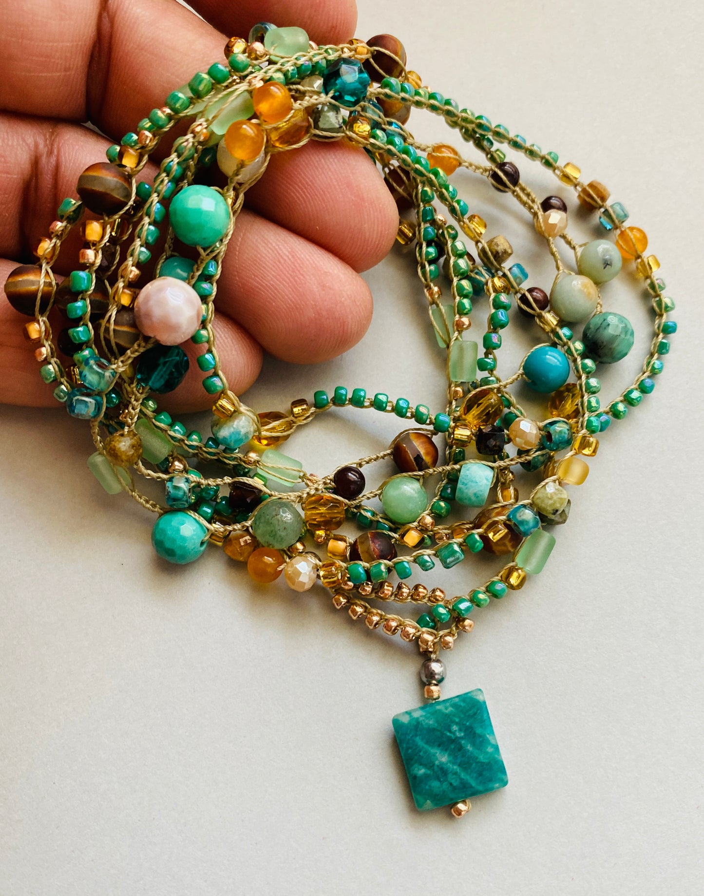 Teal and gold mix crochet necklace