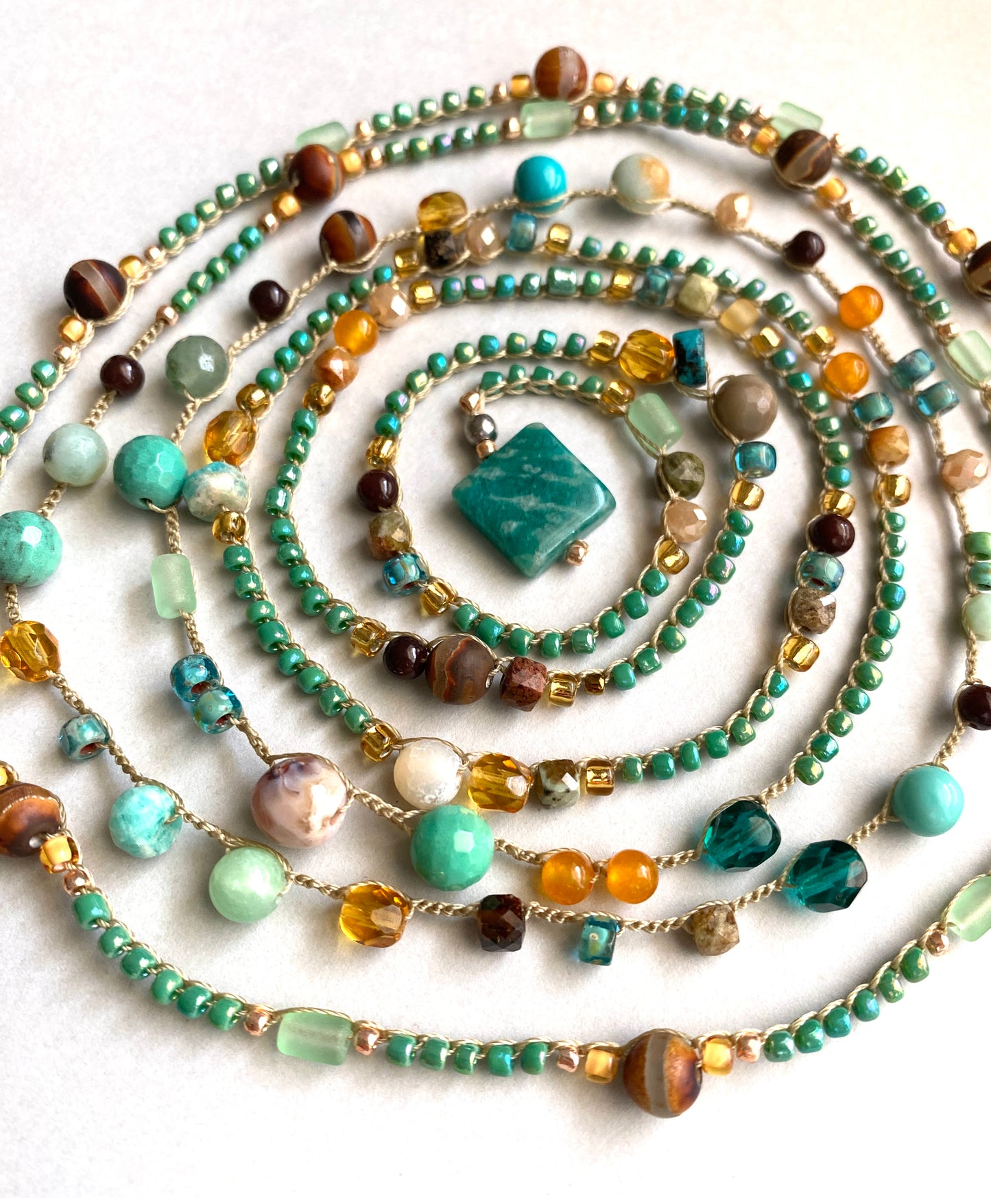 Teal and gold mix crochet necklace