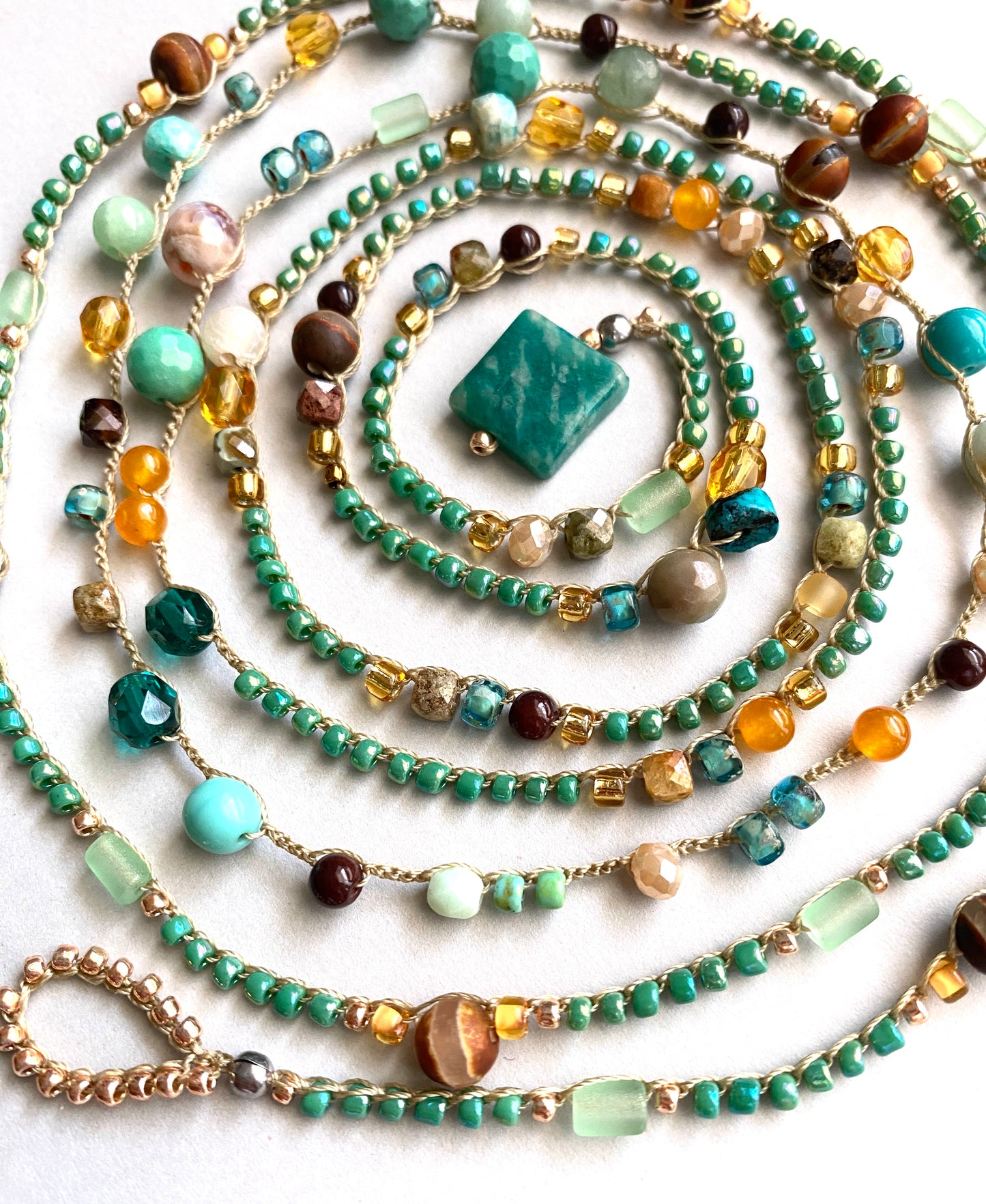Teal and gold mix crochet necklace