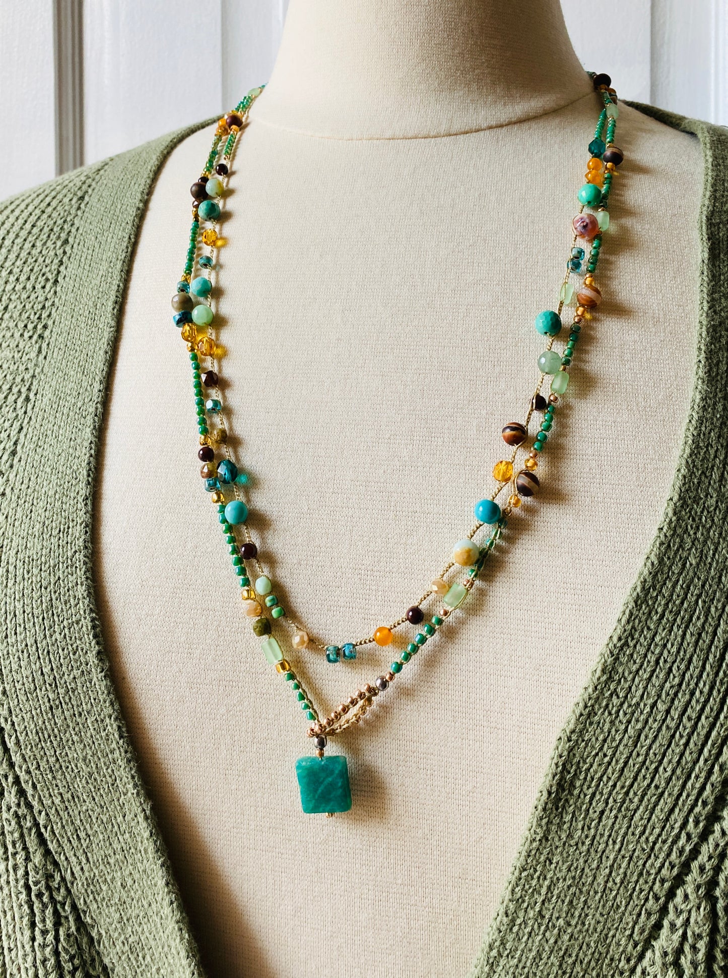 Teal and gold mix crochet necklace