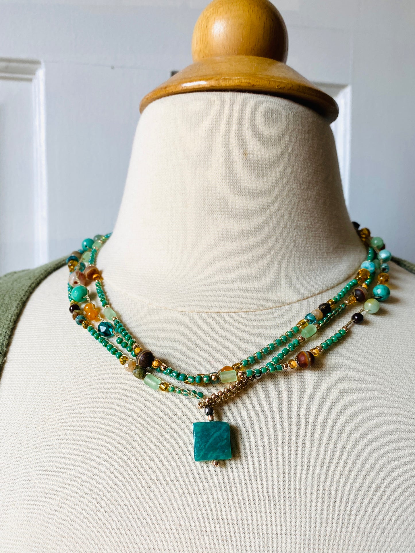 Teal and gold mix crochet necklace