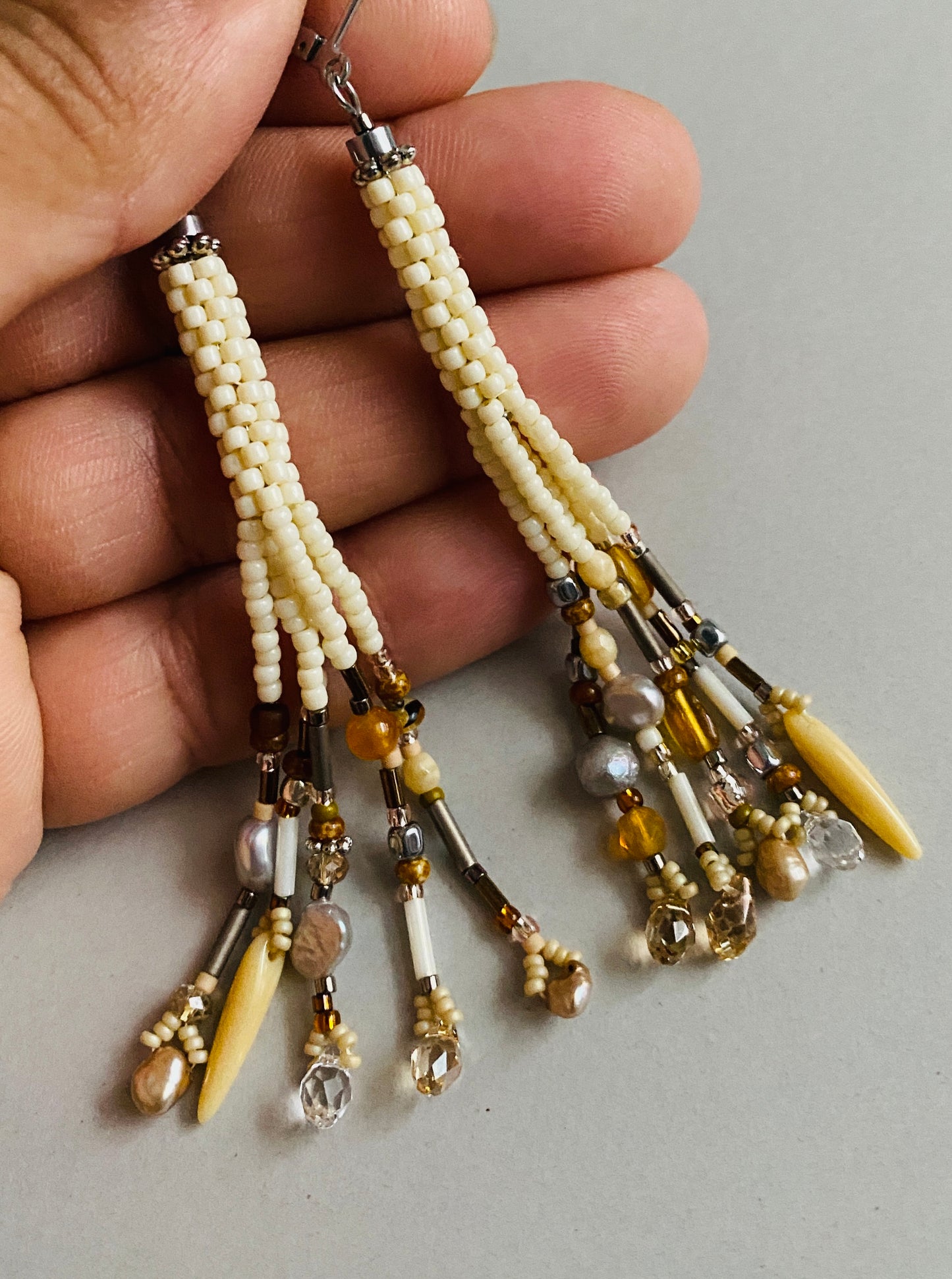 Ivory and pearl Waterfall fringe earrings
