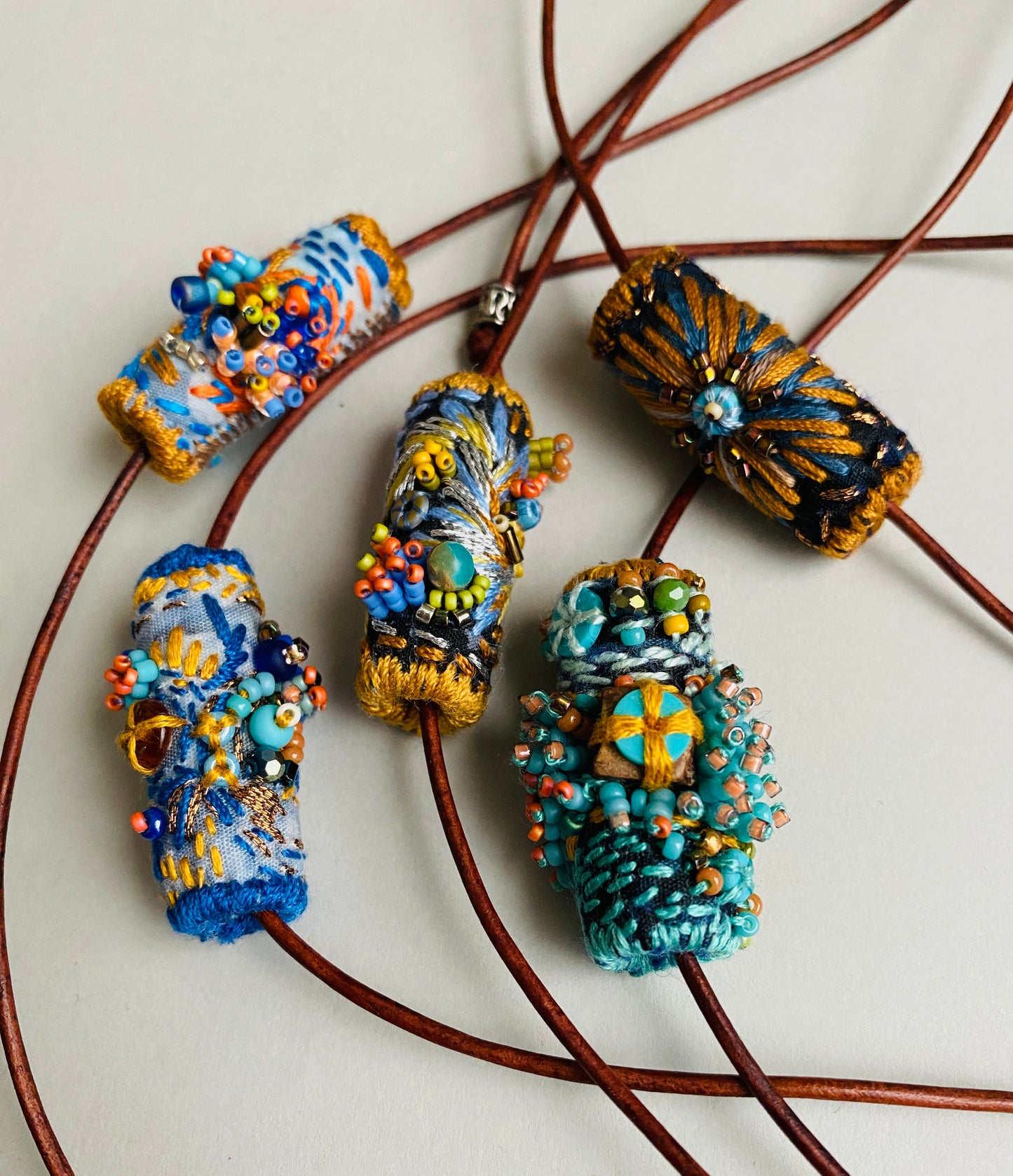 "Night star" textile necklace in copper and blue