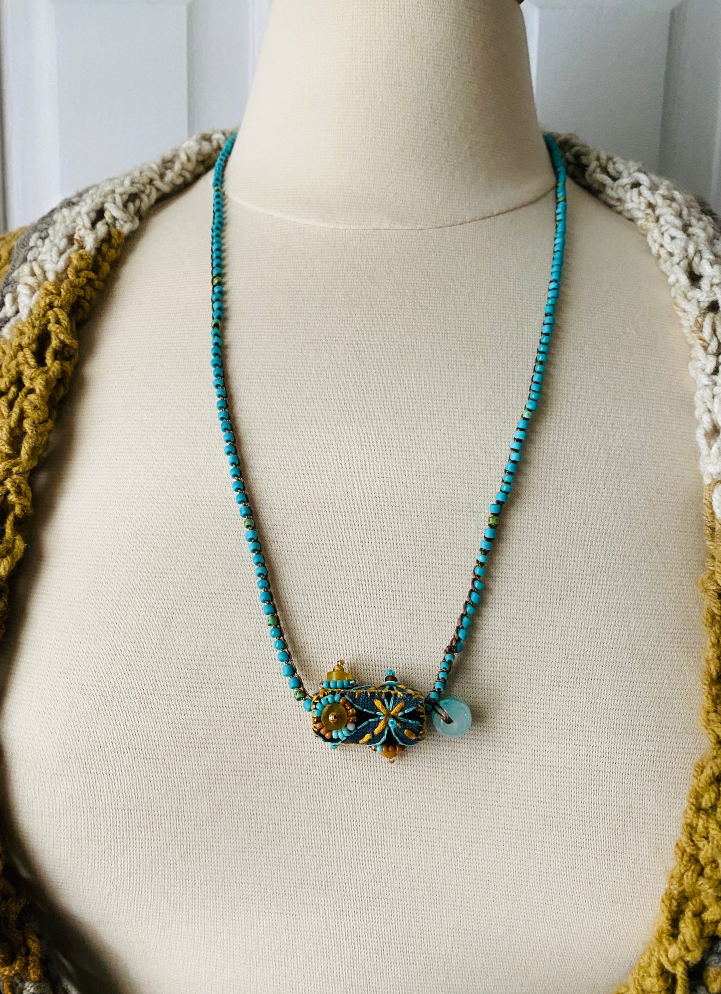 "Journey" Aqua and gold embroidered bead textile necklace