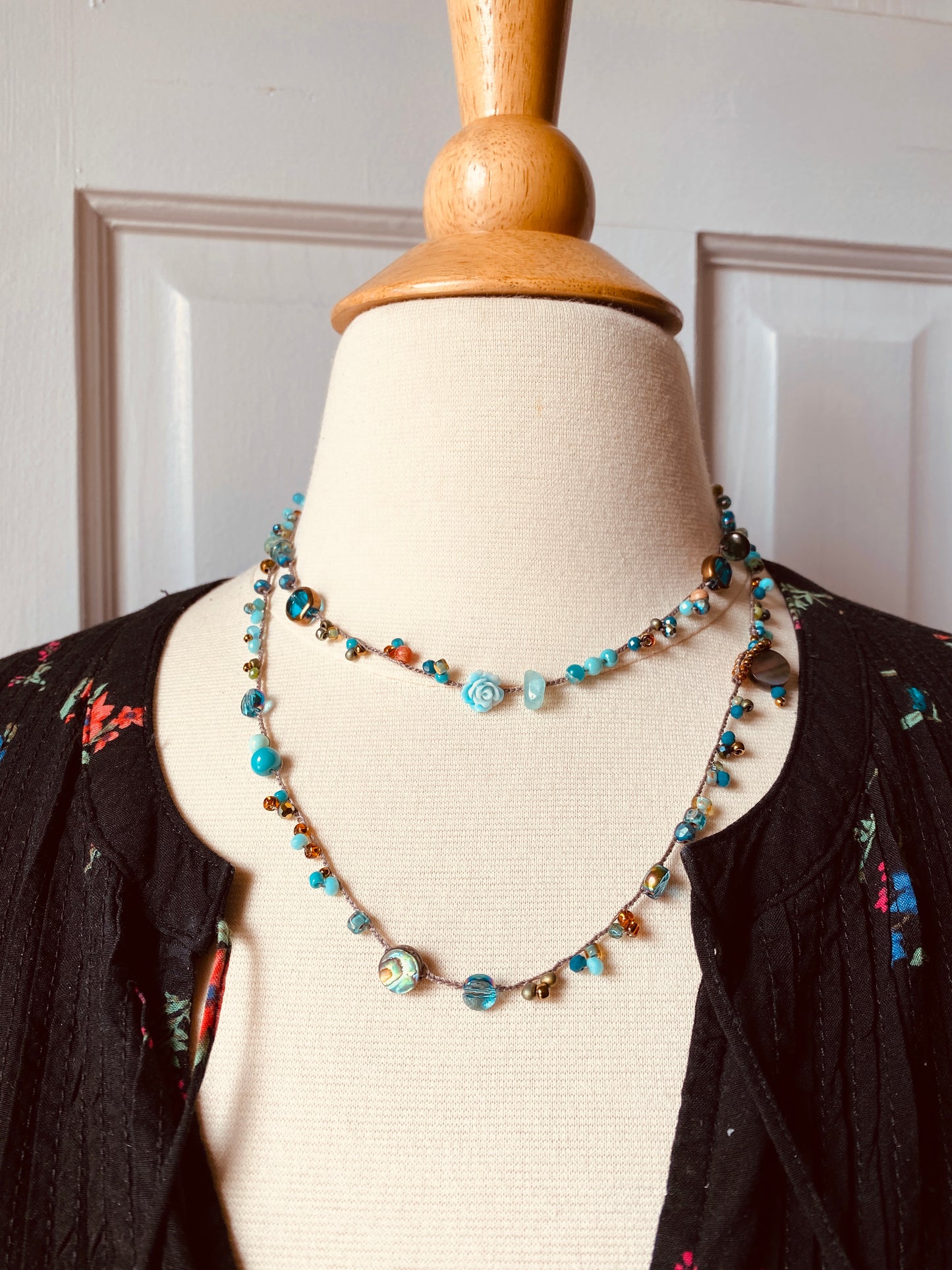 Aqua drops crochet necklace