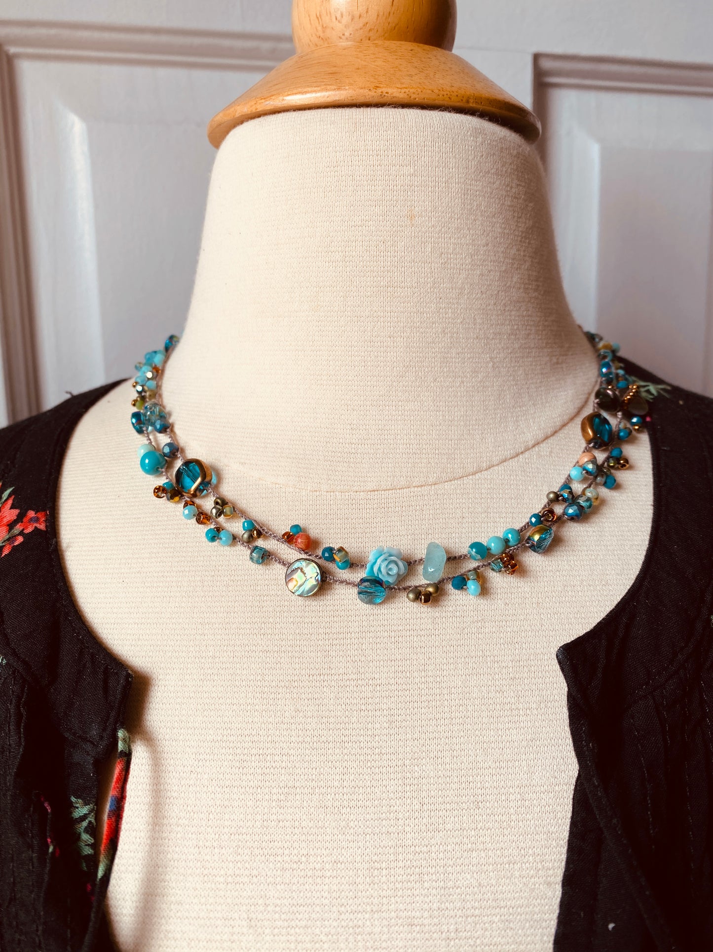 Aqua drops crochet necklace