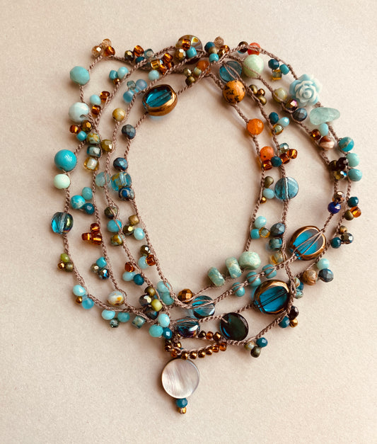 Aqua drops crochet necklace