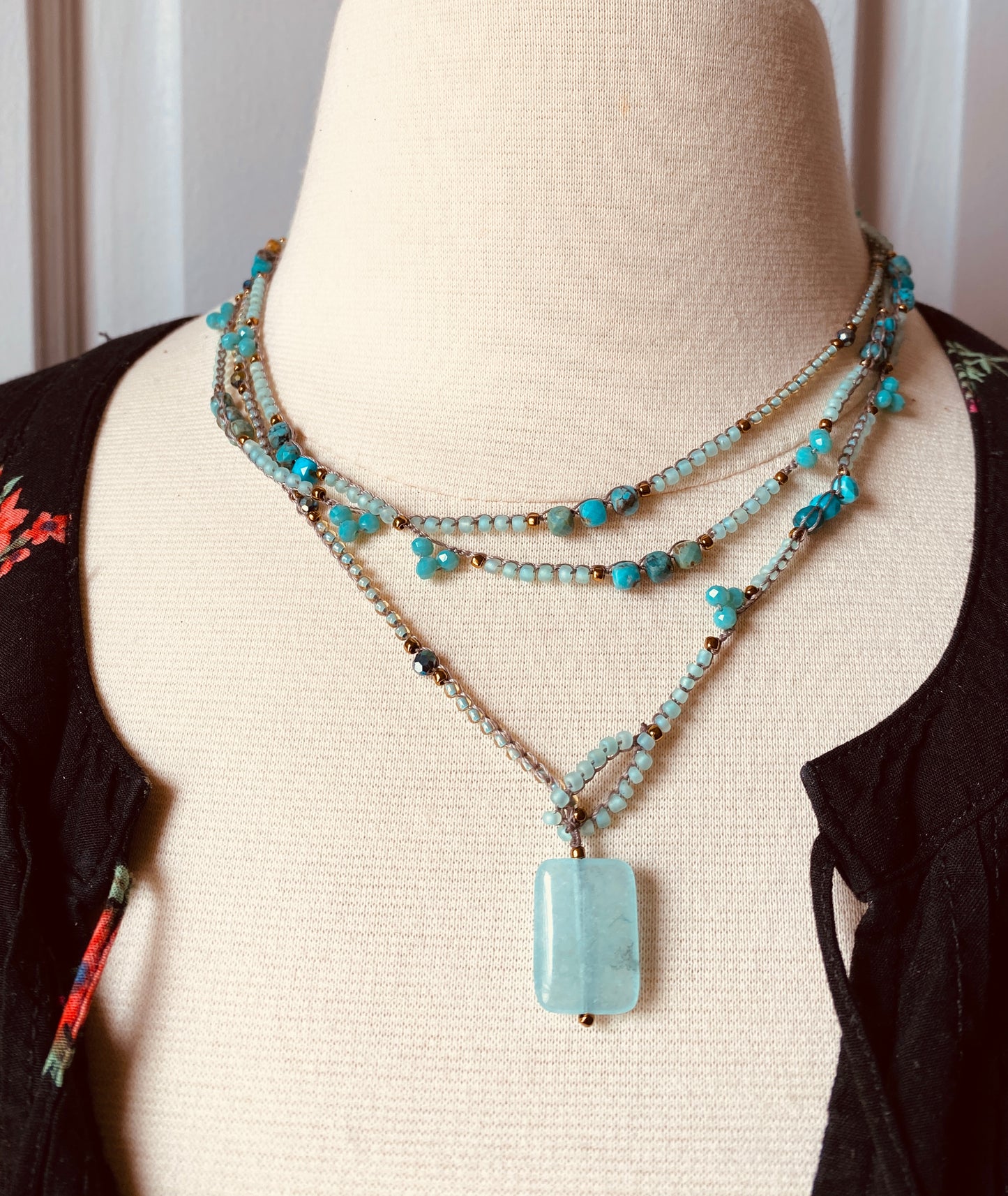 Turquoise mist crochet beaded necklace