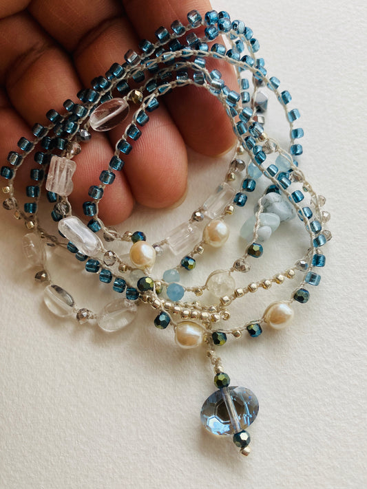 Clear blue drops crochet necklace