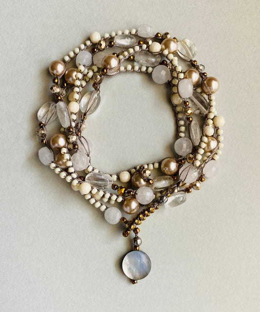 Rose quartz and crystal crochet necklace
