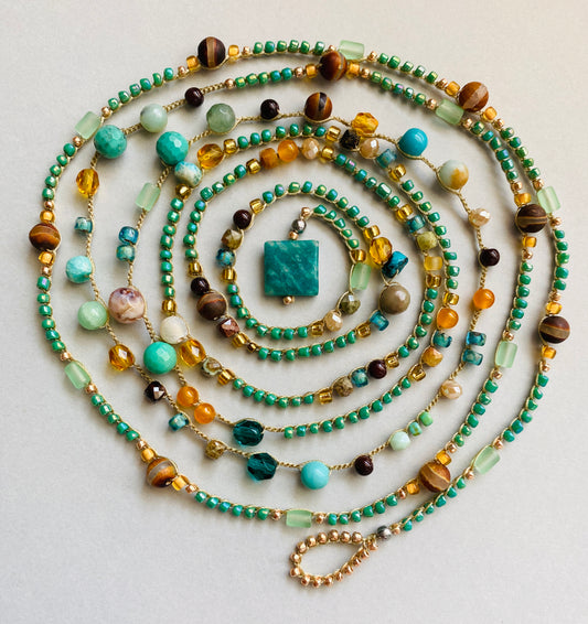 Teal and gold mix crochet necklace