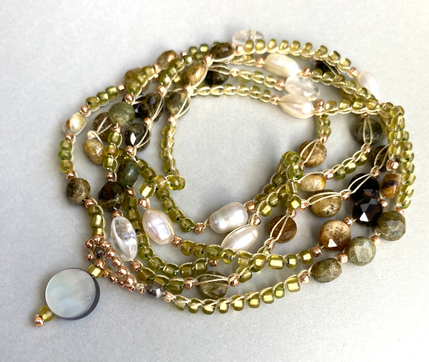 Green garnet and pearl crochet necklace